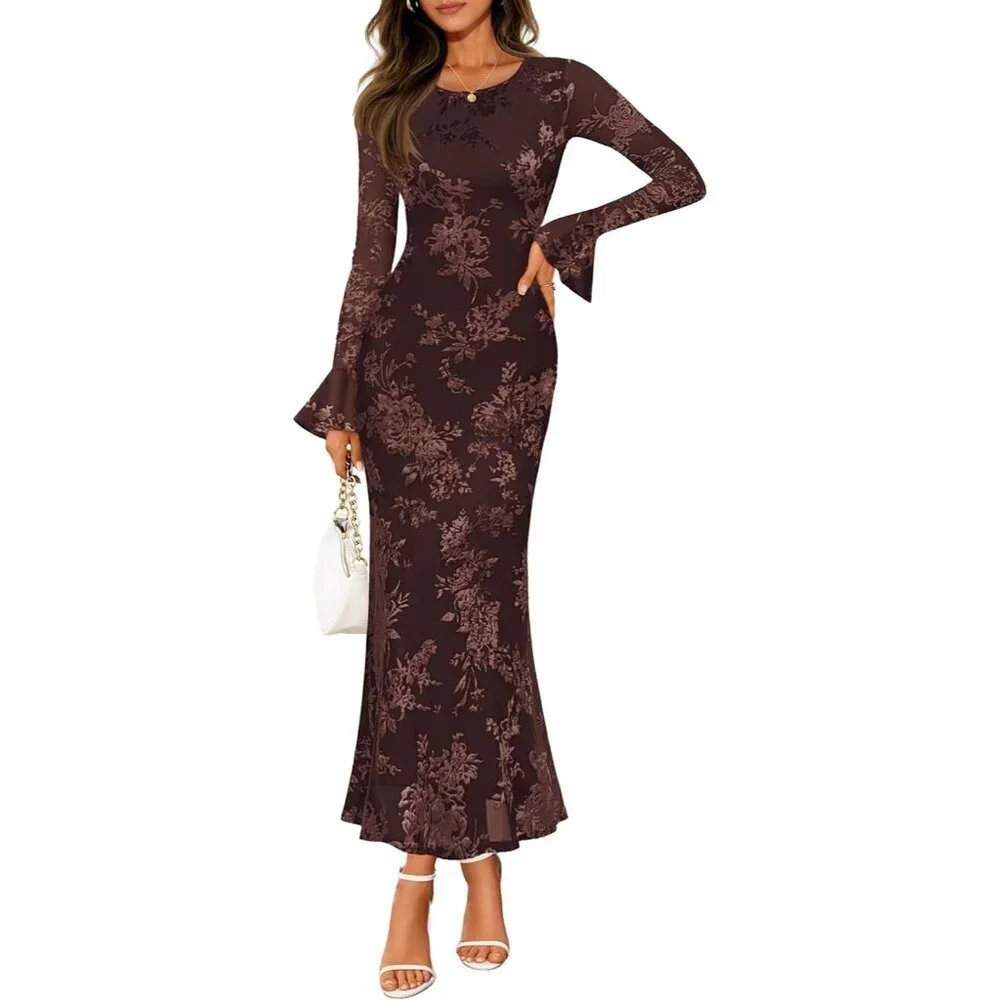 Women's Brown Long Sleeve Spring Fashion Bodycon Mesh Floral Maxi Dress